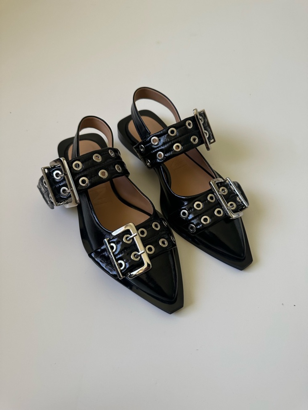 GANNI Feminine Buckle Slingback Pointed toe Ballerinas Shoes Black~37